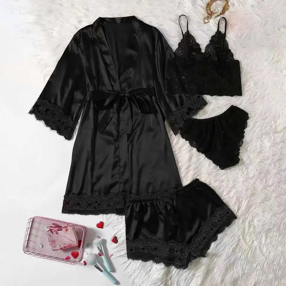 4PCS Women's Long Pajamas Set White Lace Satin Silk Night Lingerie Tops And Shorts Casual Sleepwear Loose Wedding Home Gown