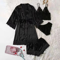 4PCS Women's Long Pajamas Set White Lace Satin Silk Night Lingerie Tops And Shorts Casual Sleepwear Loose Wedding Home Gown