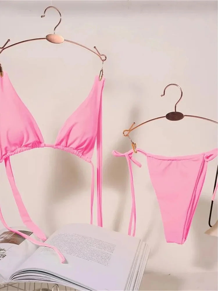 Sexy 12 Color Halter Mini Micro Thong Bikini Female Swimsuit Women Swimwear Two-pieces Bikini set Bather Bathing Suit Swim Lady