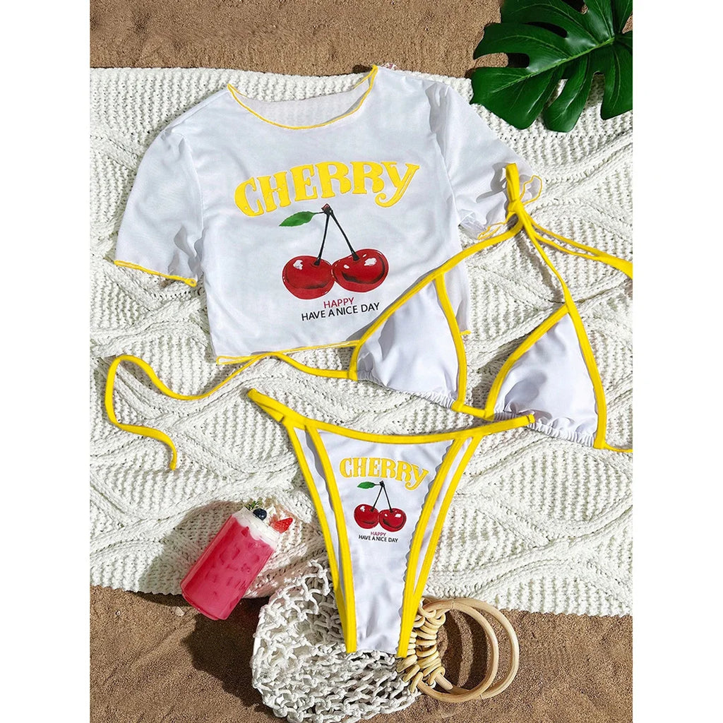 XS -XL Cherry Printed Short Sleeve Bikini Female Swimsuit Women Swimwear Three-pieces Bikini set Bather Bathing Suit Swim V6854