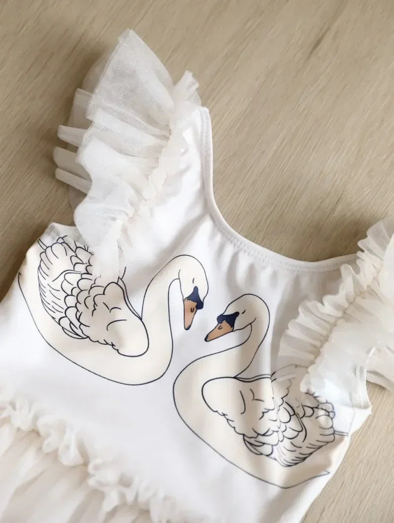 Princess Mesh Swimsuit Baby Girl Swan Cherry Sling Cute Swimming Suit Quick Drying Sun Protection Swim Wear with Cap H8126