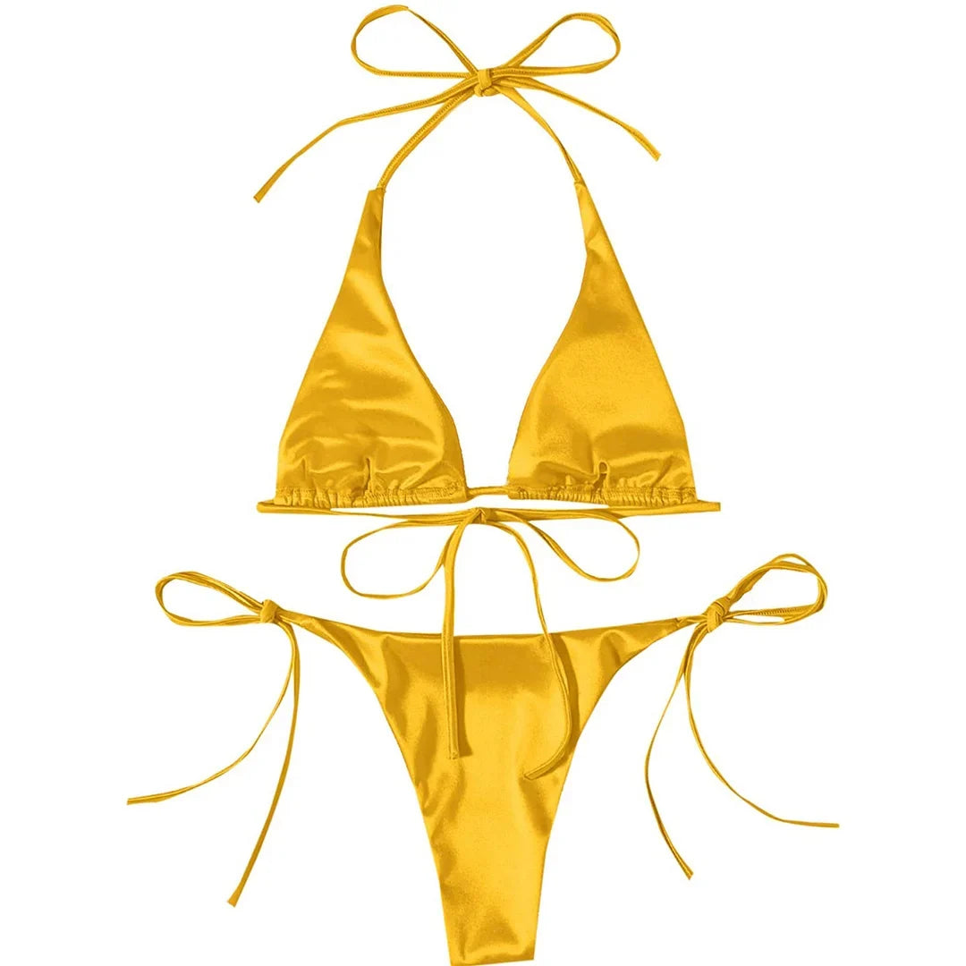 Sexy 13 Colors Halter Satin Brazilian Bikini Women Swimwear Female Swimsuit Two-pieces Bikini set Bather Bathing Suit Swim V4966