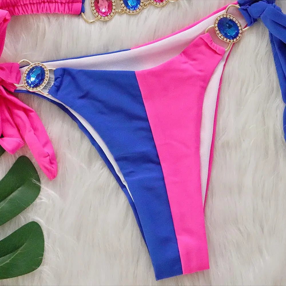Splicing Jewelled Diamond Bikini Women Halter Swimsuit female Thong Swimwear Two Pieces Bikini Set Hollow out Bathing Suit Swim