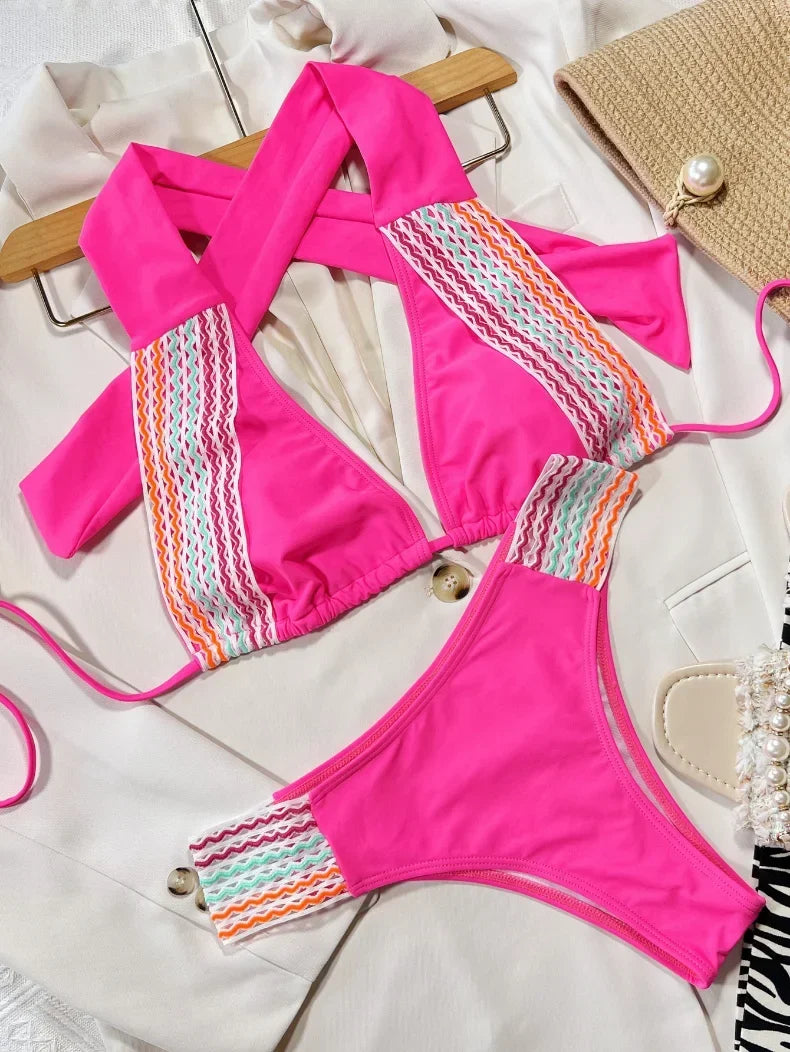 2026 Sexy Bikini Rose Red Patchwork Halter Swimwear Swimsuit Women Bikinis Set Bathing Suit Beach Bikini Costumi Da Bagno Donna