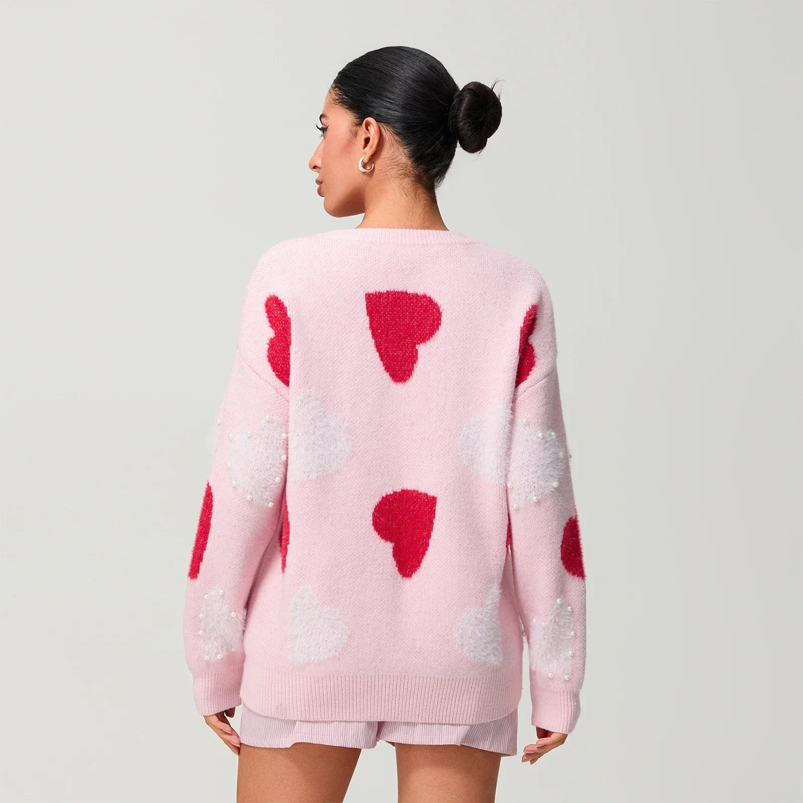 Women Spring Knitted Sweater Long Sleeve Round Neck Pearl Heart Print Knitwear Loose Pullover Tops