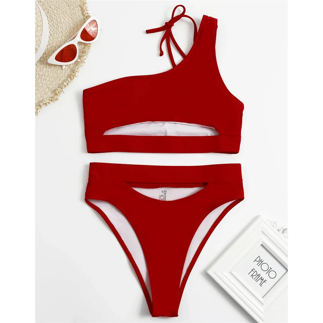 Sexy Tummy Cut out Female Swimsuit High Waist Bikini Women Swimwear Two-Pieces Bikini Set Bather Bathing Suit Swim Lady V2549