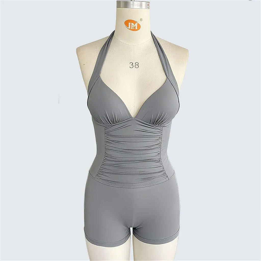 S - XXL Halter V Neck Wrinkled One Piece Swimsuit Women Swimwear Female Shorts Monokini Padded Bather Bathing Suit Swim V7535