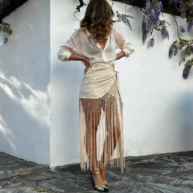 Embroidered Tassel Hem Skirt Elegant Women's Lace Up Mesh Hollow Out Short Skilt 2026 Summer New Chic Female Beach Holiday NT8W