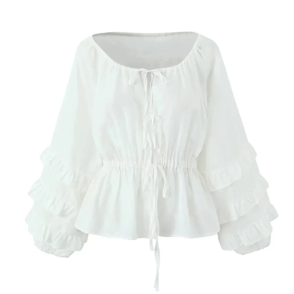 Foridol Tie Up Ruffles Lantern Sleeve White Blouse Women Spring Fashion Pelpum Top 2025 Summer O Neck Beach Casual Chic Blusa