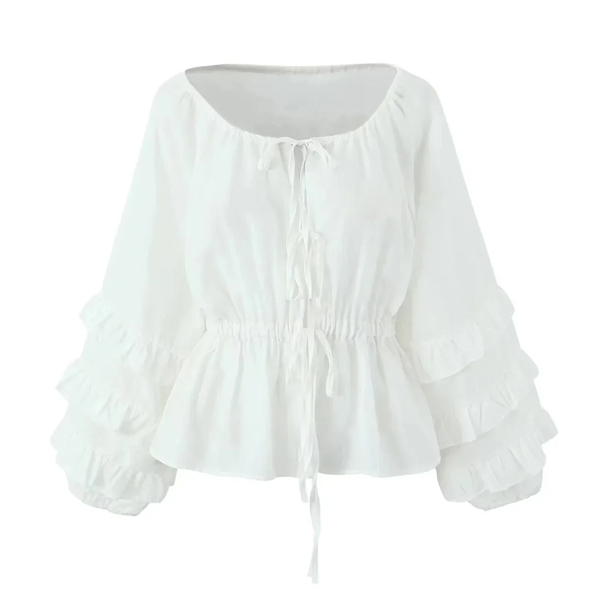 Foridol Tie Up Ruffles Lantern Sleeve White Blouse Women Spring Fashion Pelpum Top 2025 Summer O Neck Beach Casual Chic Blusa