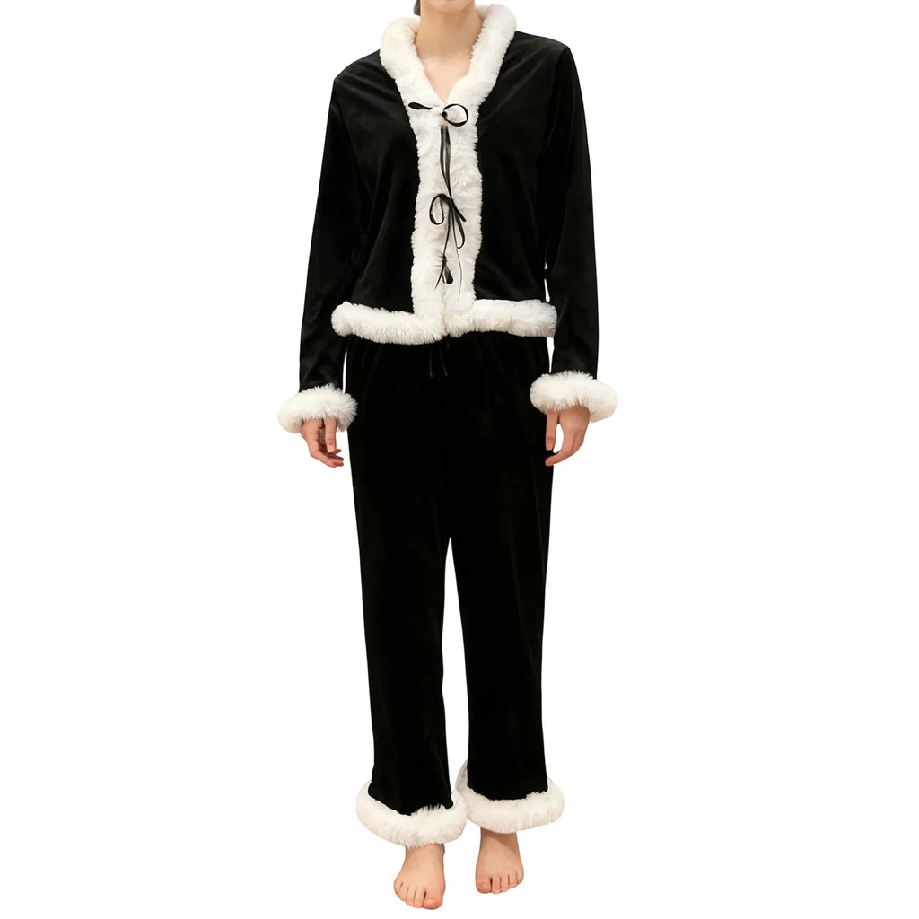 Womens Fall Winter  2 Pieces Pajamas Set Bow Tie Front Furry Trim V Neck Long Sleeve Tops and Pants Christmas Lounge Wear