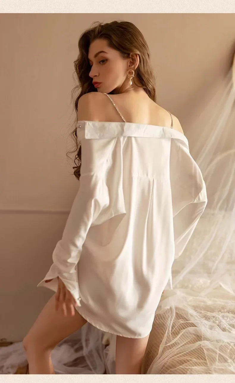 Sexy Chiffon Strap Boyfriend Style White Shirt Sheer Charm Blouses Chain Design Sense V Neck Romantic Passion Mature Bold 9SYN