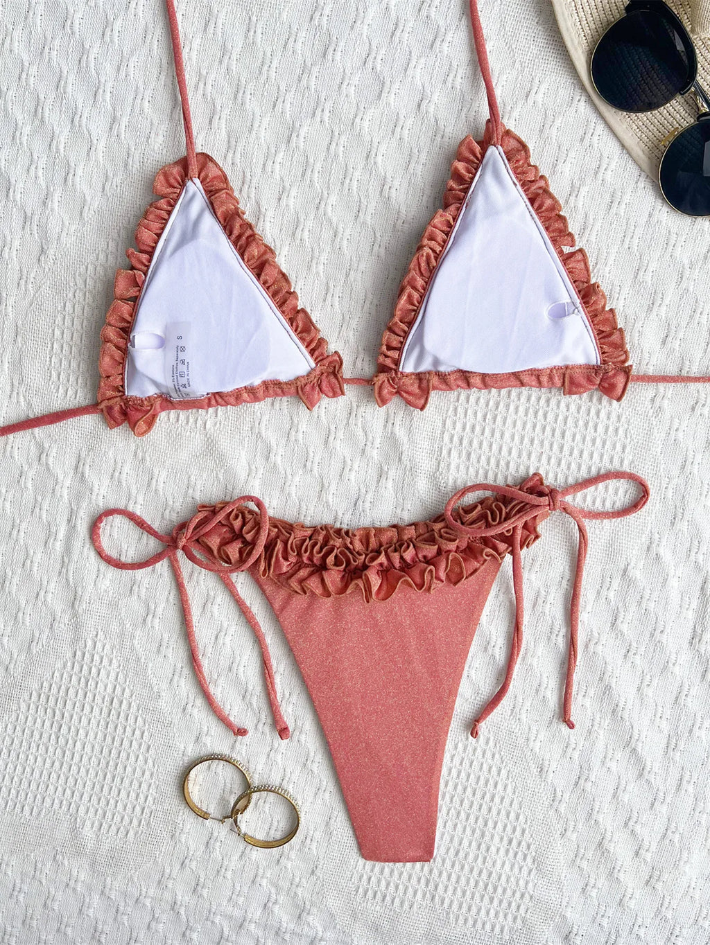 sexy rose red ruffles glitter halter tie bikinis sets two pieces women micro thong swimsuit female bathing suit swimwear biquini