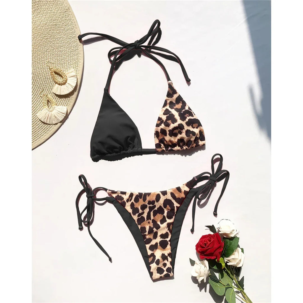 XS - L 8 Color Splicing Halter Leopard Bikini Female Swimsuit Women Swimwear Two-piece Bikini set Bather Bathing Suit Swim V3736