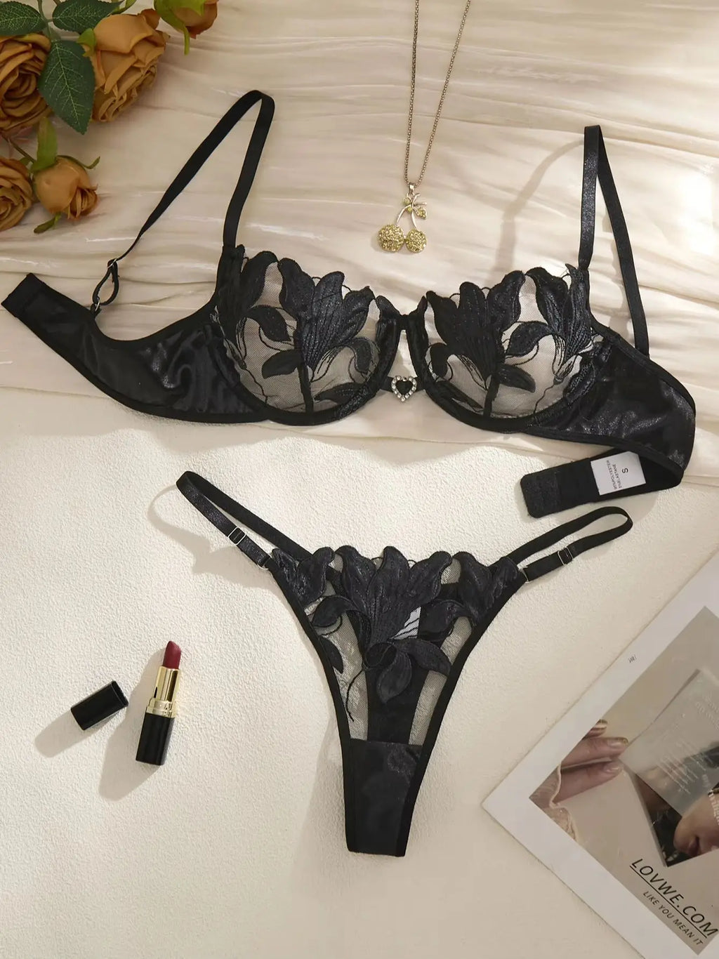 Black Floral Embroidery Lingerie Set Women Sheer Mesh Push Up Bra And Thong 2 Piece Sexy Transparent Lace Underwear ZA824031