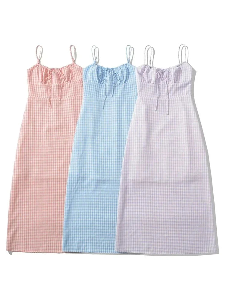 Foridol Spaghetti Strap Tie Up Plaid Dress Women Summer Beach Midi Sundress Strapless Retro Pink Short Vestidos Female Dress