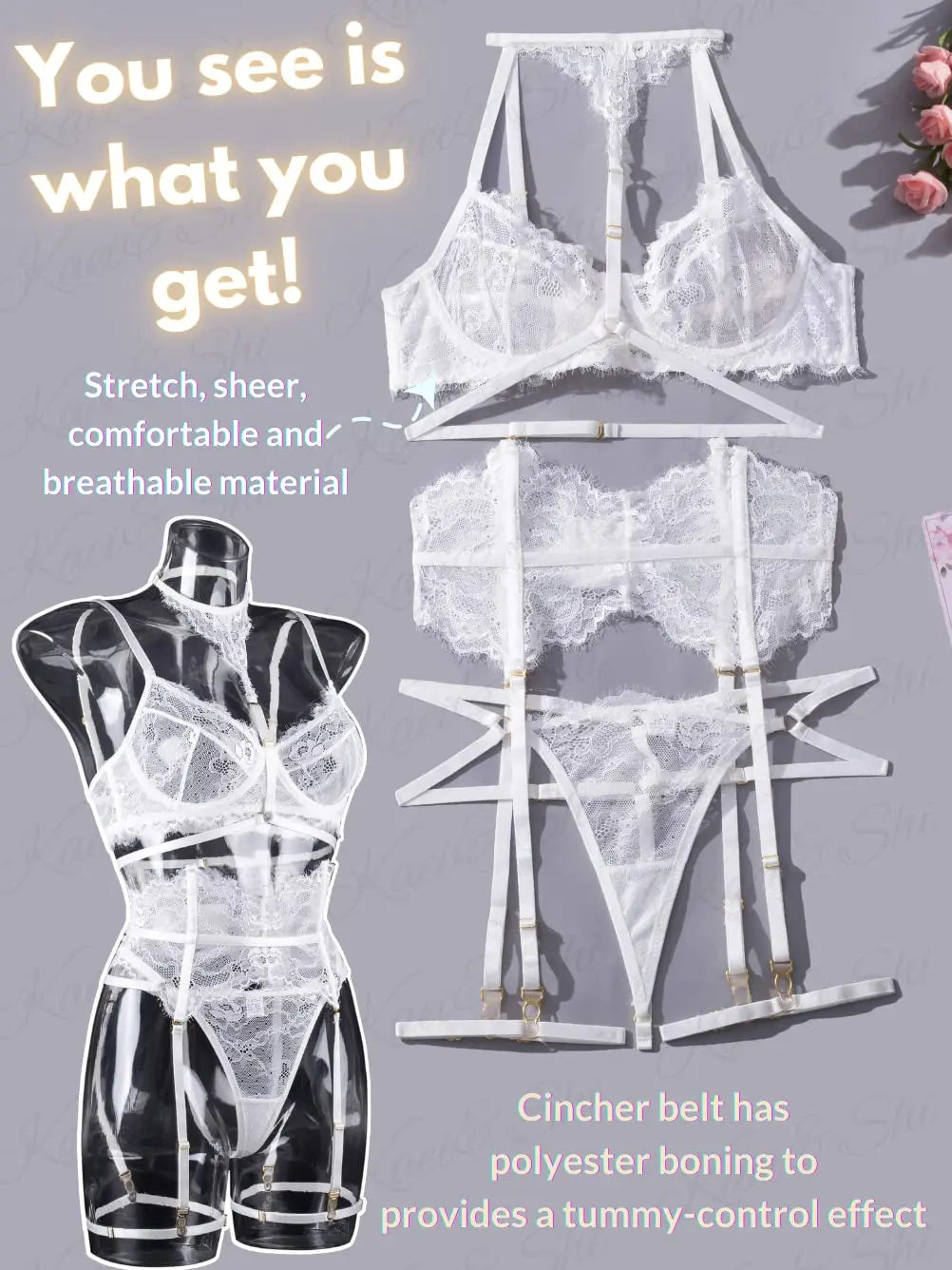 Sexy Garter Lingerie Set for Women – 4pcs Floral Lace Strappy High Waisted Bra Panty with Choker Belt