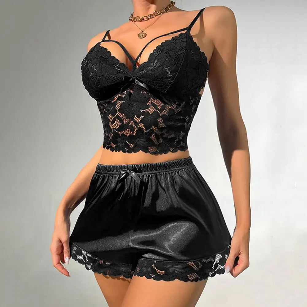 2 Pcs/Set Women Pajama Set Hollow Out Lace V Neck Sleeveless Crop Top High Waist Satin Shorts Anniversary Sleepwear Outfits