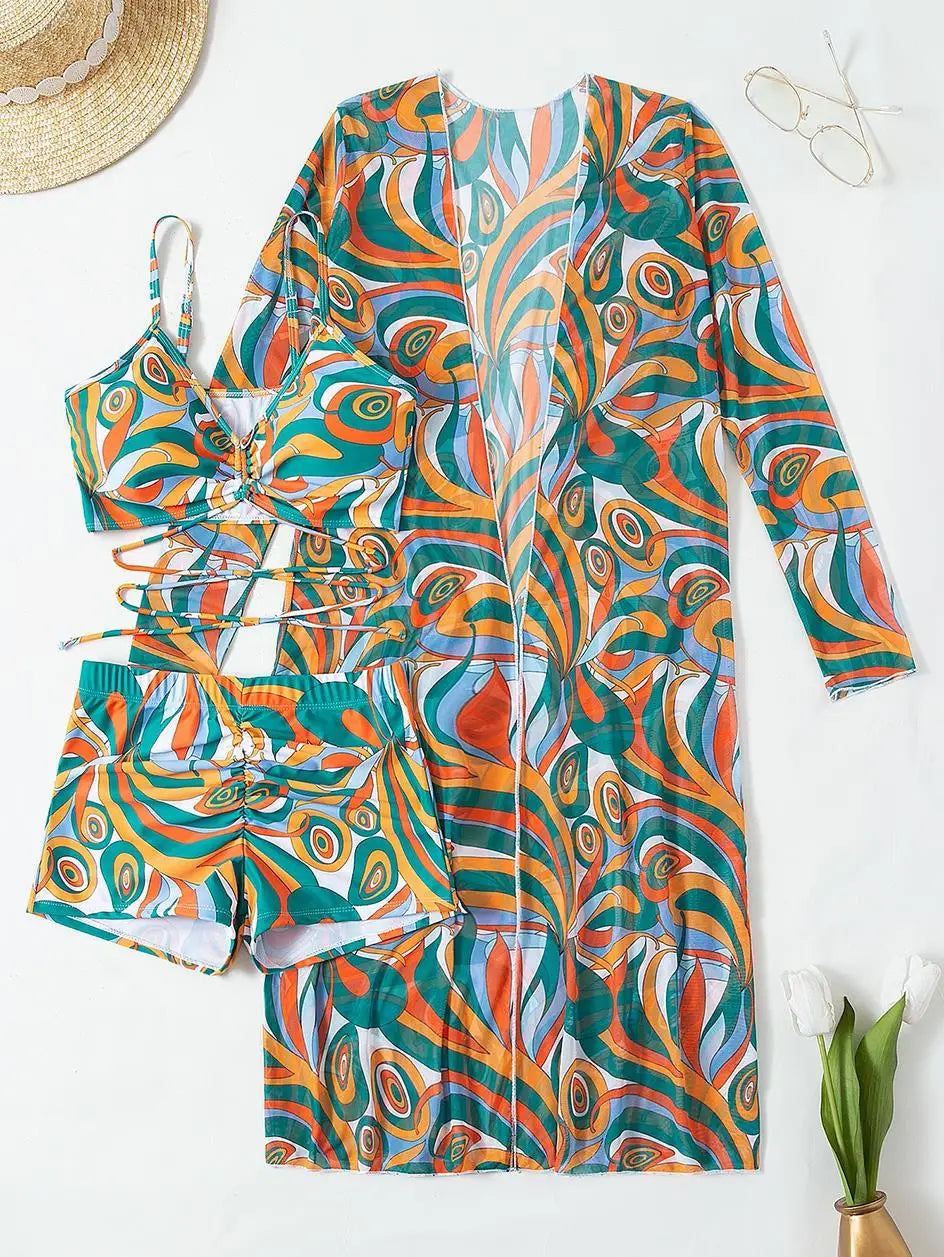3 Pieces Sexy Print Bikini 2026 Women High Waist Swimsuit & Kimono Swimwear Female Lady Bathing Suit Swimming Summer Beachwear
