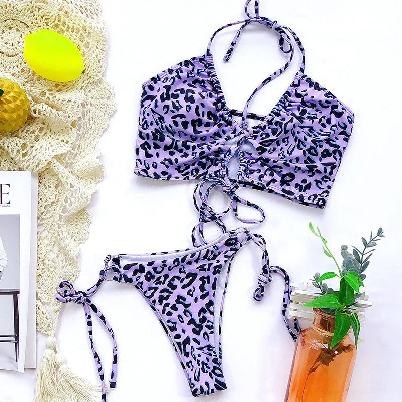 Sexy High Cut Leopard Bikini Women Thong Swimwear Female Swimsuit Two-pieces Bikini set Lace Up Bather Bathing Suit Swim Lady