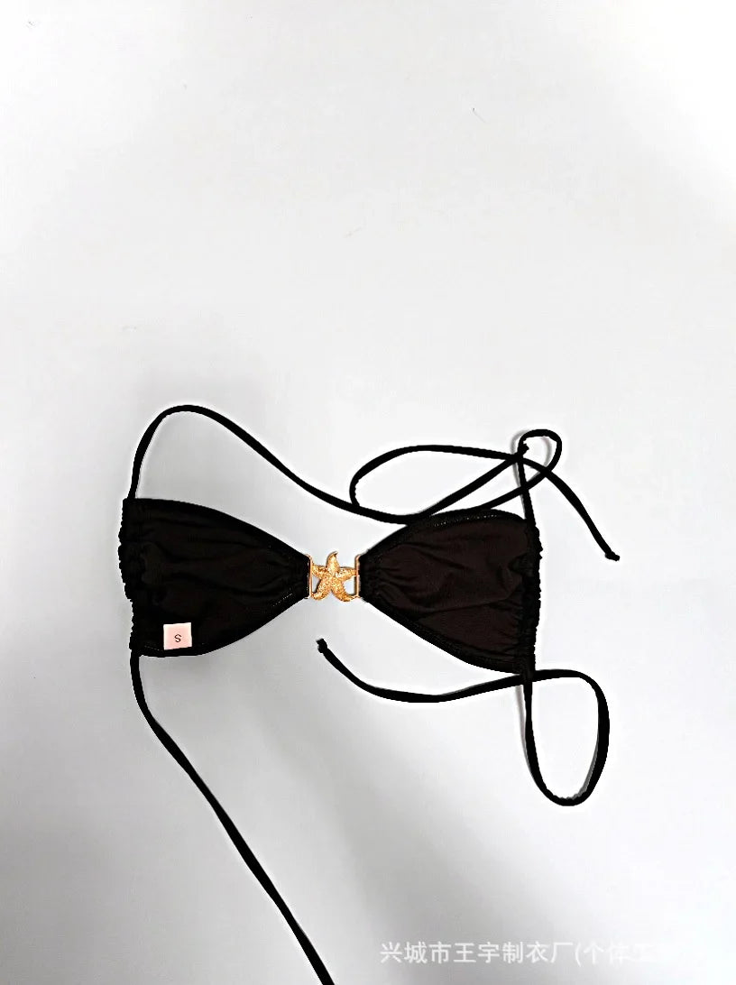 2025 Sexy Fashionable Swimsuit Women Solid Bikini Separable Backless Beach Swimming Suit Female's Black Swimwear Tankini Set