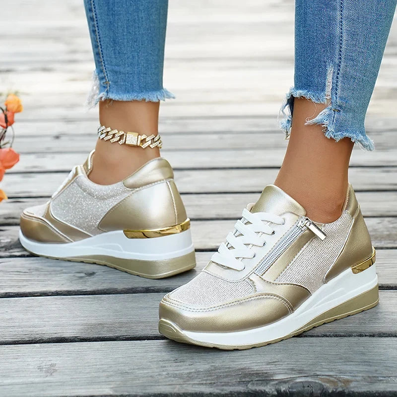 Plus Size 44 Wedges Sneakers Women Fashion Pink Gold Lace Up Platform Sports Shoes Woman Non Slip Thick Bottom Vulcanized Shoes