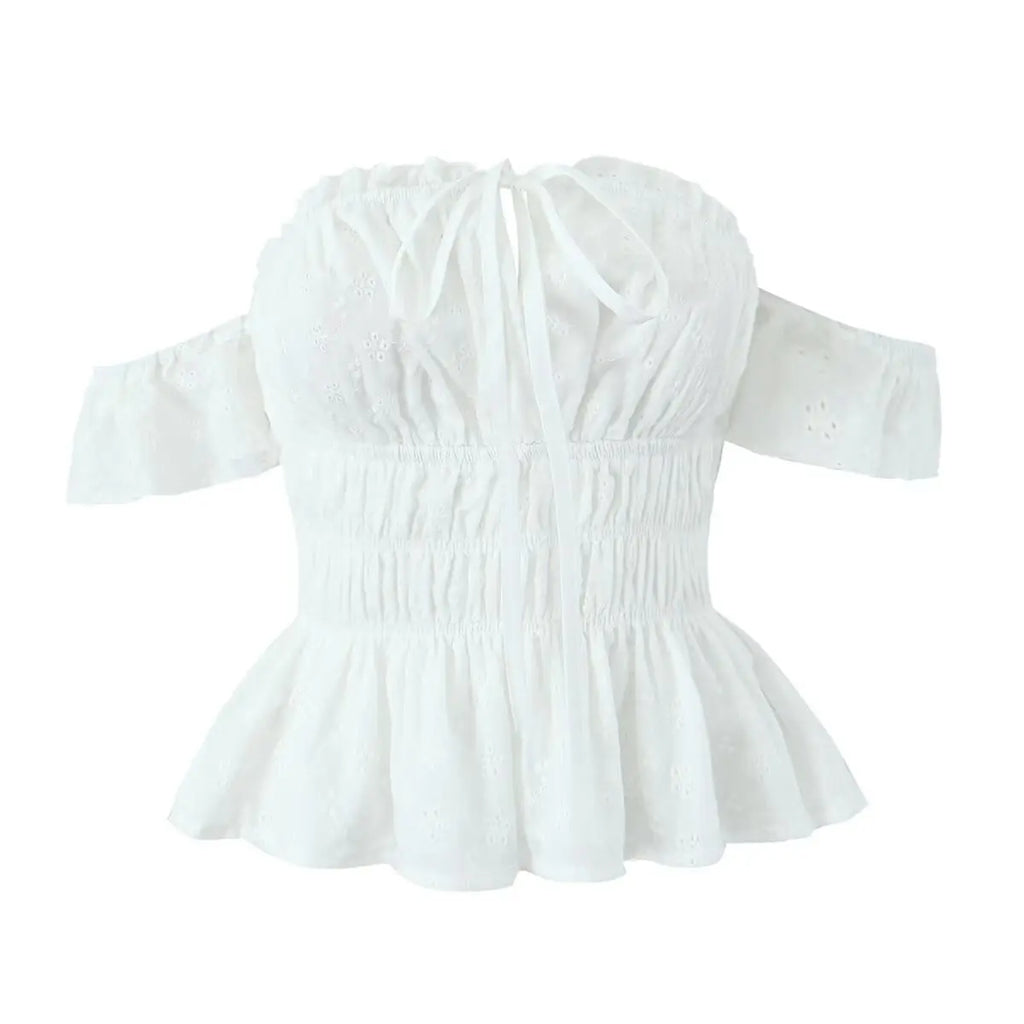 Spring New Style Elegant Ruffled One-shoulder Casual Top Shirt Womens White Off Shoulder Ruffle Waist Short Sleeve Casual OERV