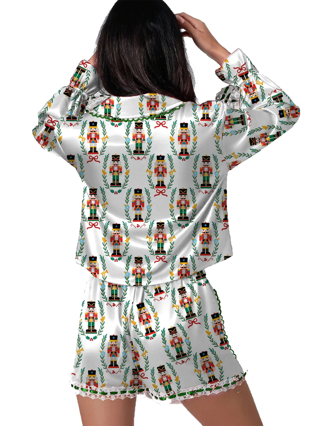 Womens Satin Christmas Pajamas Sets Print Button Up Long Sleeve Lapel V Neck Tops and Shorts Lounge Wear 2 Pieces Suits