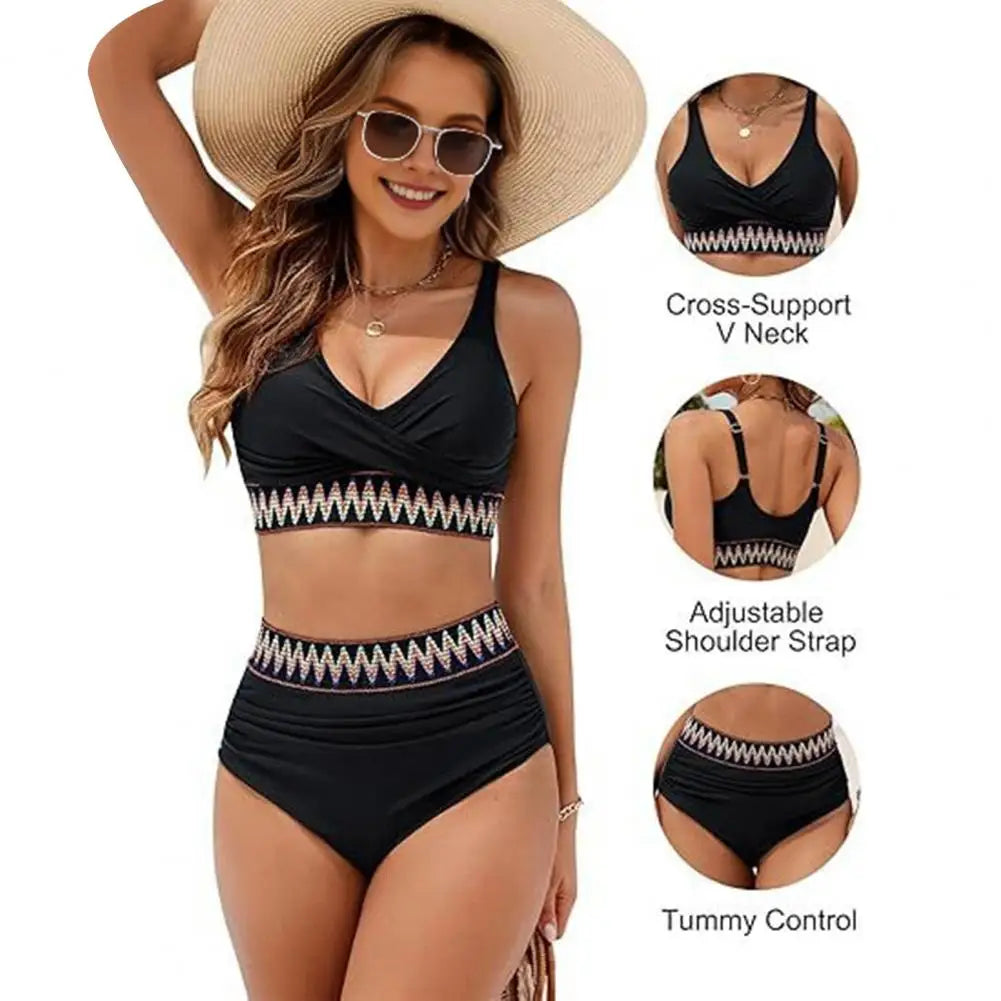 Two Piece High Waist Swimsuit Women Bikini Set V-Neck Tummy Control Bathing Suit for Daily Vacation Party Beach Wear