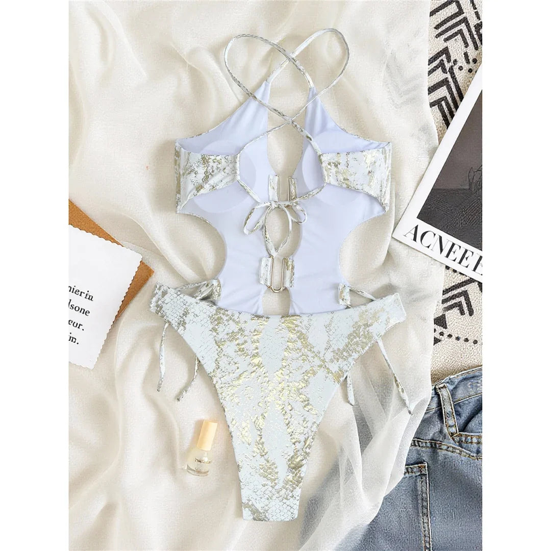 XS - L New Snake Skin U Neck Cut Out One Piece Swimsuit Women Swimwear Female Cross Back Monokini Bather Bathing Suit Swim V7990