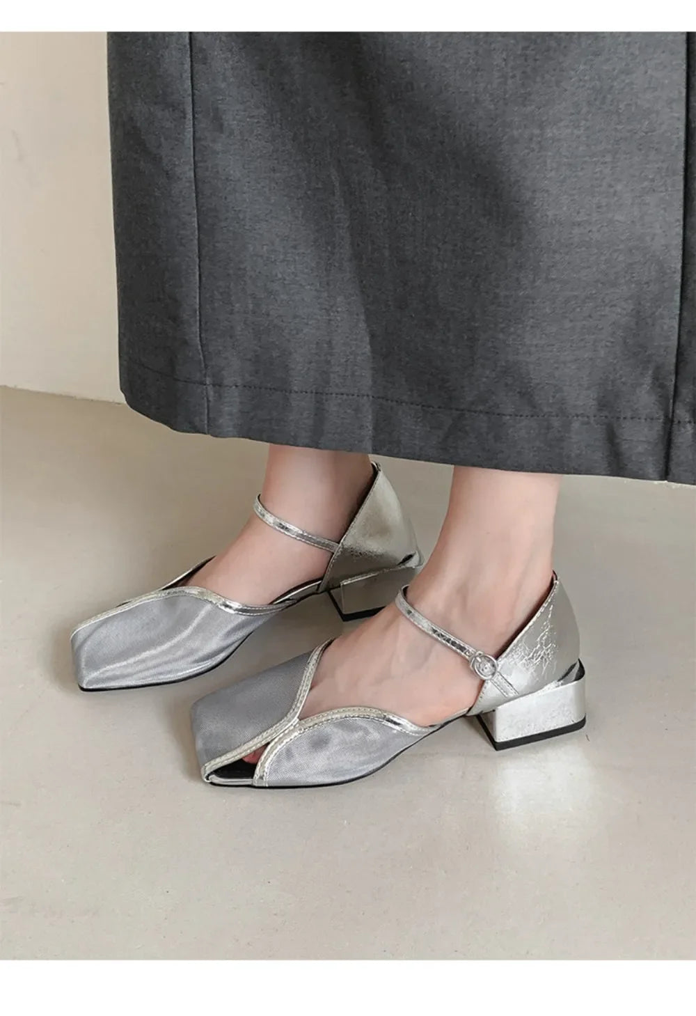 Summer Shallow Women Silver Flats Square Toe Design Beach Sandals Black Mesh Breathable Organza Mary Janes Chaussure Femmes