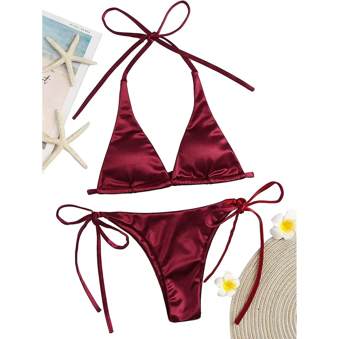 Sexy 13 Colors Halter Satin Brazilian Bikini Women Swimwear Female Swimsuit Two-pieces Bikini set Bather Bathing Suit Swim V4966