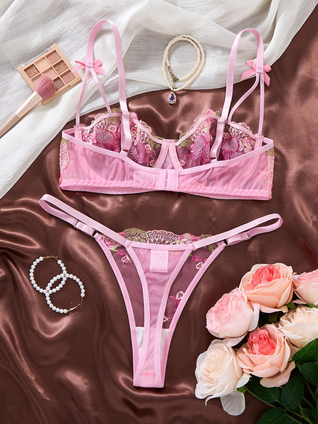 Young girl style pink embroidered bra set - Embroidered fabric patchwork mesh lingerie set for women ZA825296