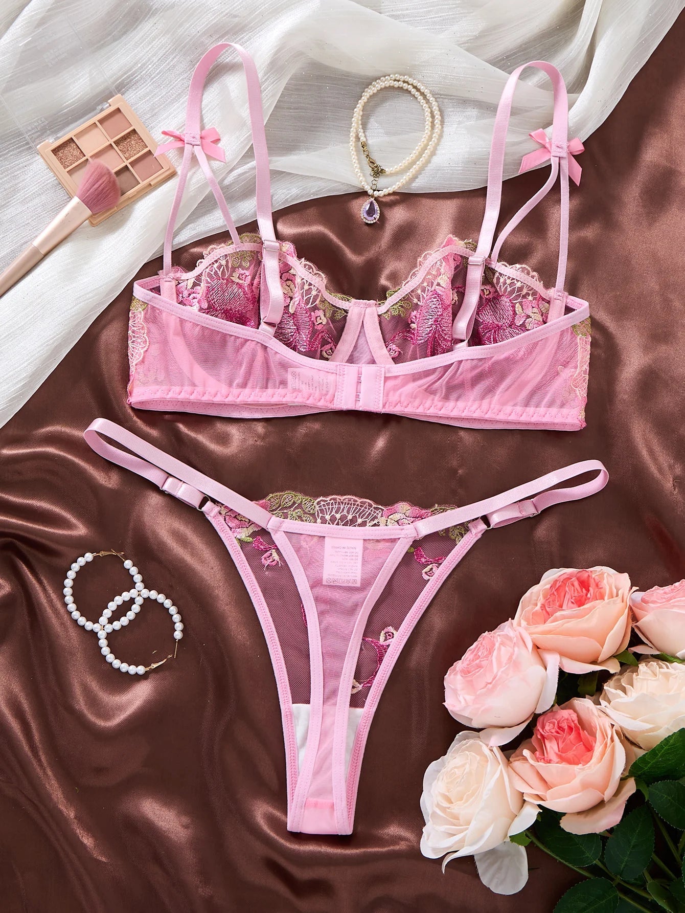 Coquette Aesthetic Pink Lingerie Set Floral Embroidery Lace Bra Set with Bow Details Sexy Sheer Mesh Teddy ZA825296