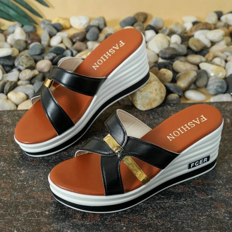 Korean Fashion New Fish Mouth Wedge Fashion Casual Foreign Trade Large Size Women'S One Line Sandals And Slippers For Sandalias