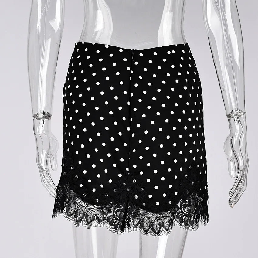 FDYOUI 2026 Woman Clothes Lace Patchwork Polka Dot Skirts Female Sexy Tight Short Skirt Black Party Night Club Dress Streetwear