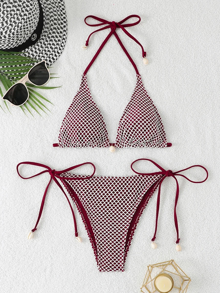 2026 Halter String Triangle Bikini Women Sexy Swimwear Female Mesh Swimsuit Solid Bathers Bathing Swimming Swim Suit Beachwear