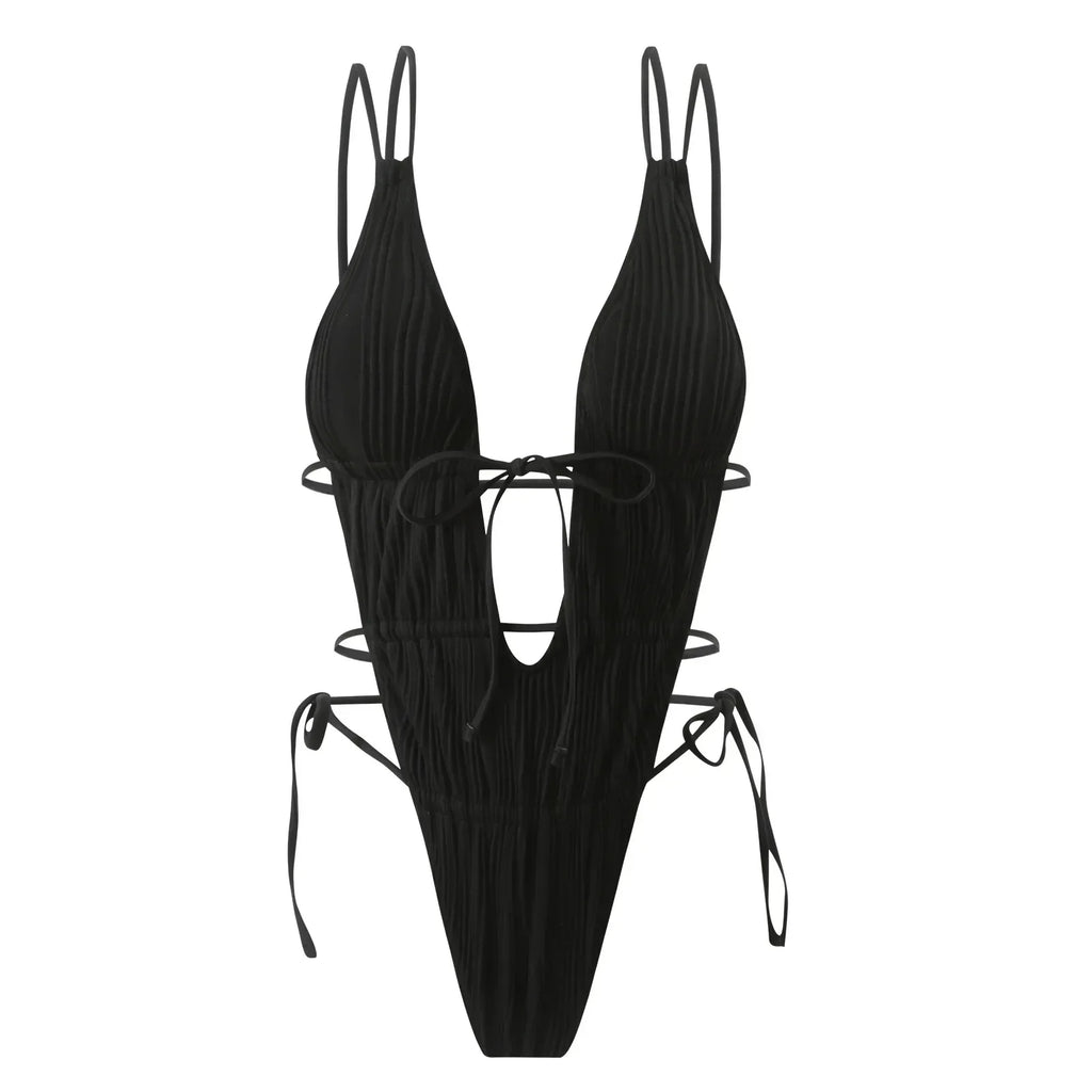 Deep V Neck Halter Wrinkled Female Swimwear One Piece Swimsuit Women Backless Monokini High Cut Bather Bathing Suit Swim Lady