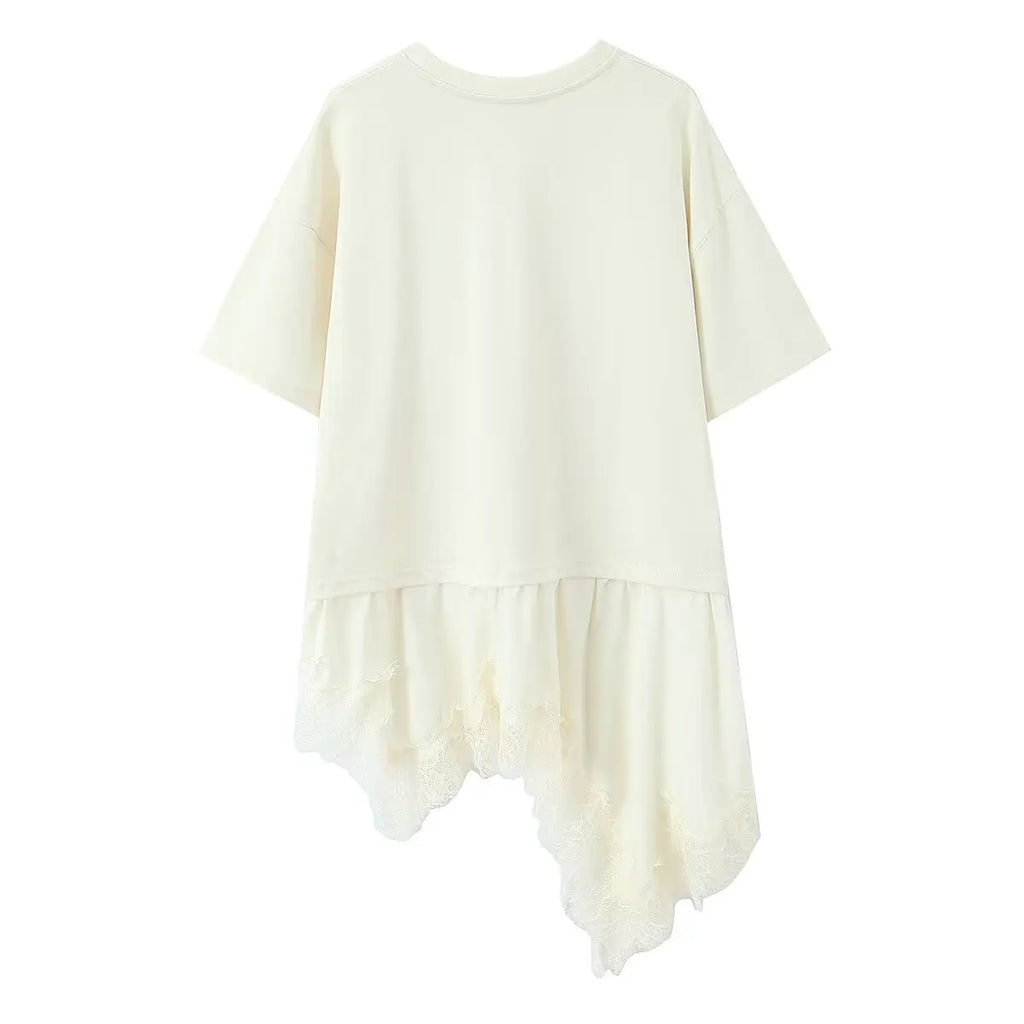 New Women's Lace Patchwork T-Shirt Top Women Lace Trim Hem T Shirt Crew Neck Short Sleeved Loose Fit Casual Solid Color Top MQ08