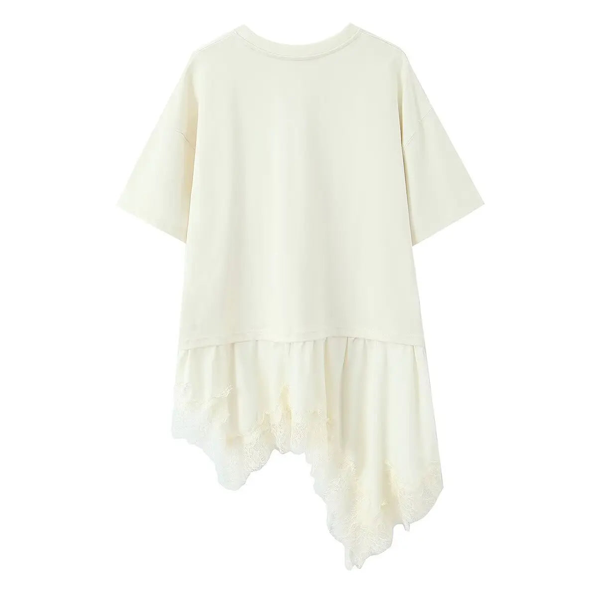 New Women's Lace Patchwork T-Shirt Top Women Lace Trim Hem T Shirt Crew Neck Short Sleeved Loose Fit Casual Solid Color Top MQ08