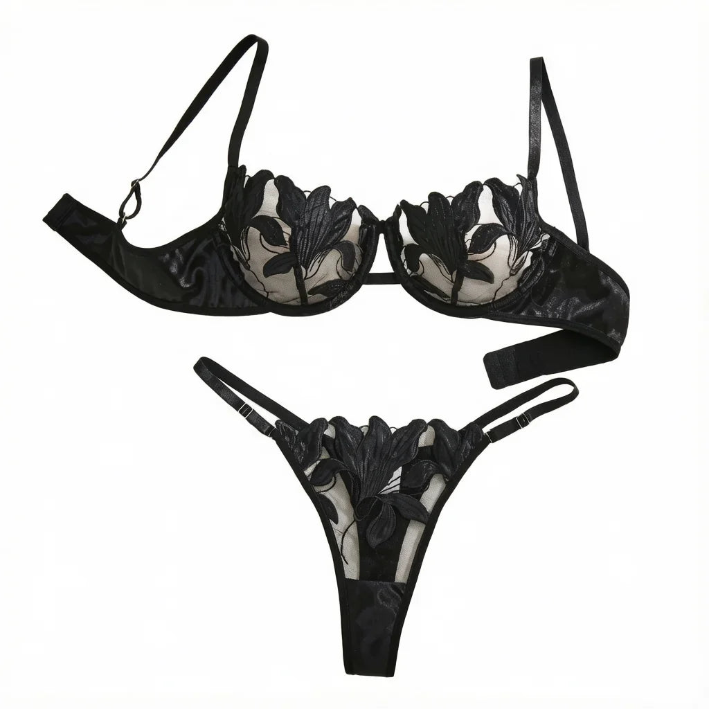 Black Lily Embroidered Bra Set - Satin Edged Transparent Mesh Adjustable Shoulder Strap Sexy Thong Set ZA824031