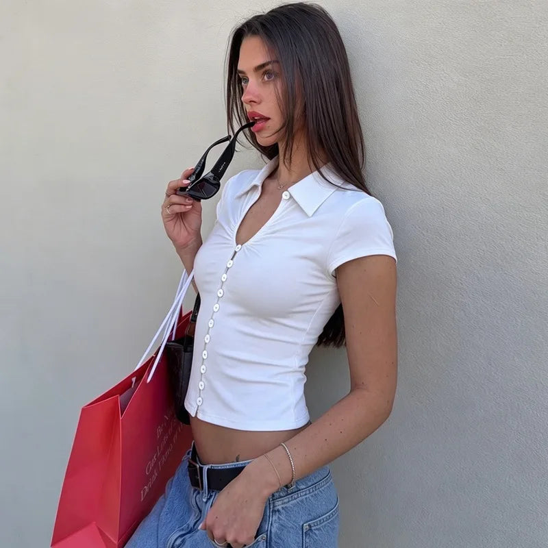FDYOUI 2026 Women's T-shirts Turn-down Collar Single Breasted Short Sleeve Crop Tops Female Hollow Out Red Tee Shirt Streetwear