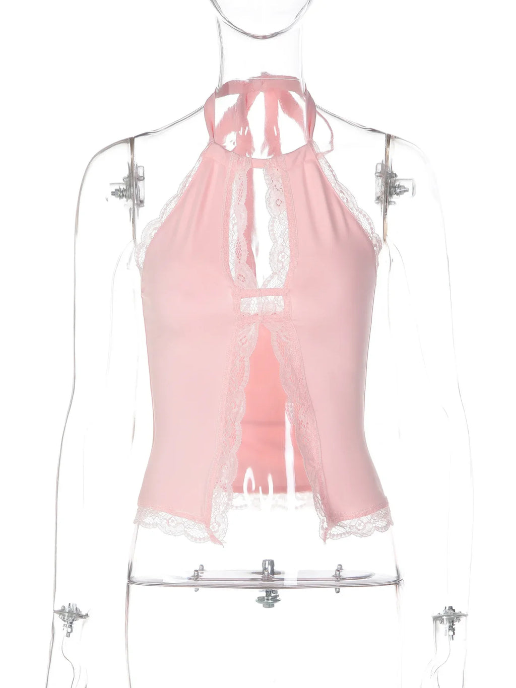 FDYOUO Sexy Halter Lace Patchwork Camisoles Women Fashion Backless Hollow Out Corset Pink White Bandage Tanks Top Y2K Streetwear