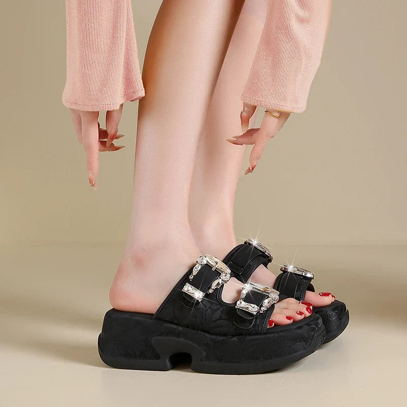Luxury Rhinestone Thick Bottom Sandals Women 2026 New Silk Satin Embroidery High Heel Sandals Woman Summer Thick Heeled Slippers