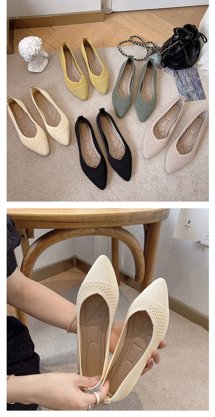 2025 Women Pointed Toe Flats Breathable Fabric Spring Summer Flat Shoes Soft Sole Slip-on Girls Daily Walking Driving Loafers