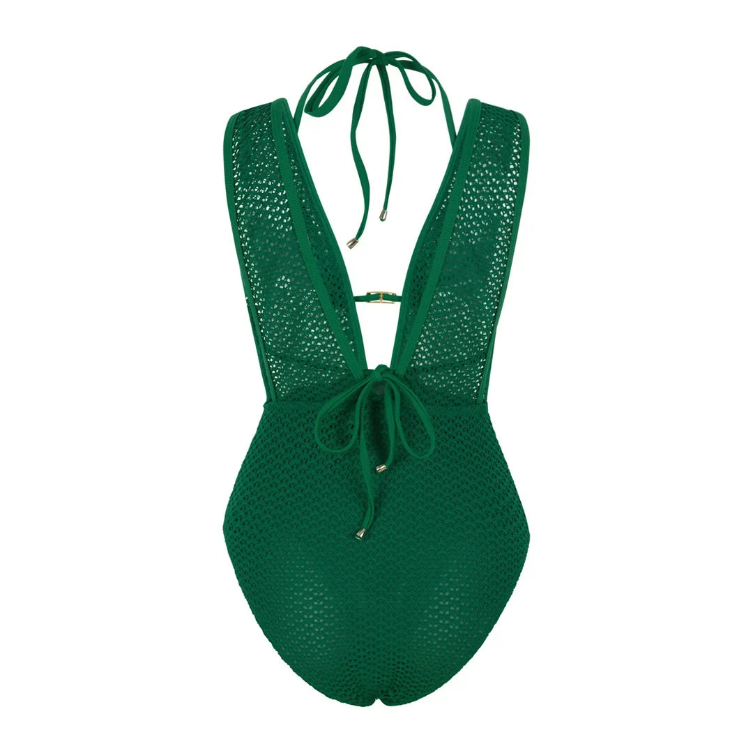 S - XL Deep V Neck Knit Fish Net Mesh Women Swimwear One Piece Swimsuit Female Monokini Backless Bather Bathing Suit Swim V7832