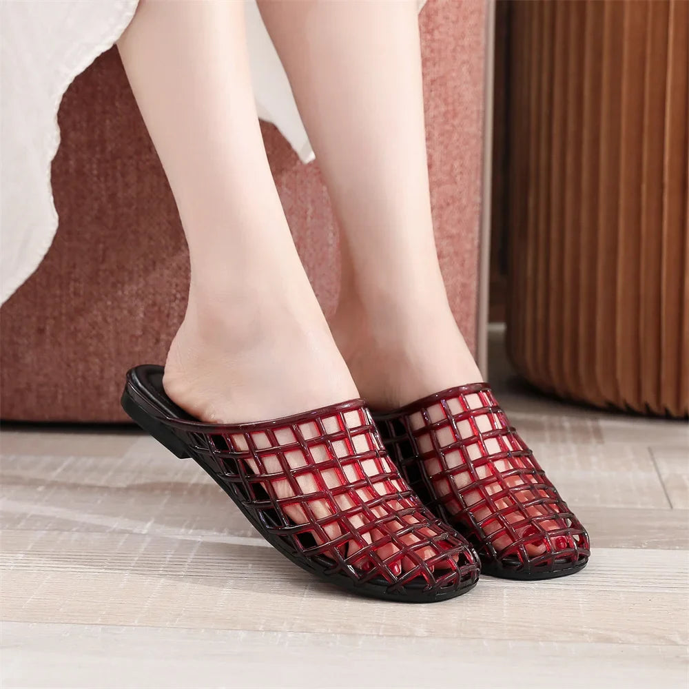 EUR Size Transparent PVC Jelly Slide Mules Women Hollow Breathable Cutout Closed Toe Slip On Flat Sandals Indoor Outdoor Slipper