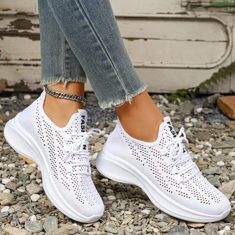 Spring Summer Breathable Mesh Sport Shoes Women Slip On Hollow Out Knitted Flats Shoes Woman Plus Size 43 Thick Sole Sneakers