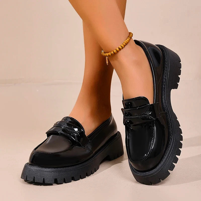 British Style Platform Loafers for Women Plus Size 43 Thick Heel Commute Work Shoes Ladies Comfort Thick Sole Pu Leather Shoes