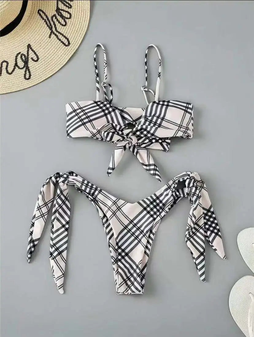 2026 New Vintage Plaid Print 2 Piece Swimsuit for Women Knot Lace-up Push Up Suspender Backless Bikini Set Beach Bathing Suit